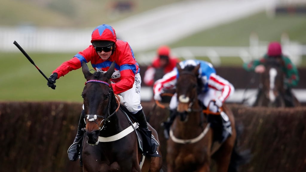 Sprinter Sacre, with Nico de Boinville on board, clear the last to win the Queen Mother Chase. Photograph: Getty.