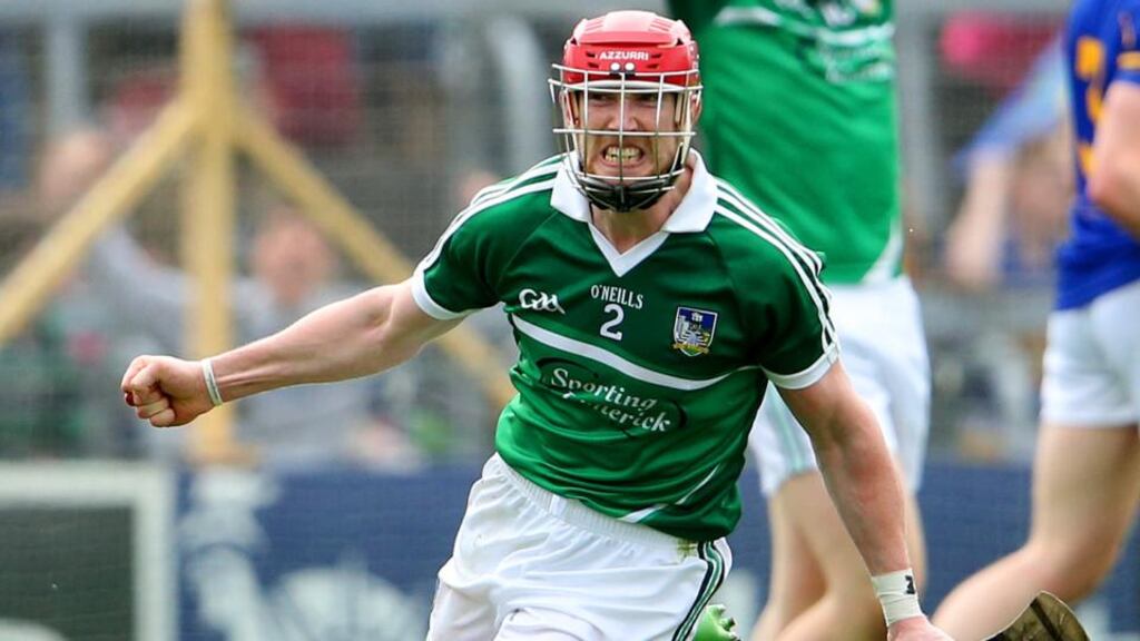 Limerick’s Seamus Hickey celebrates scoring the final point in injury time to ensure victory over Tipperary in Thurles. Photo: Cathal Noonan/Inpho