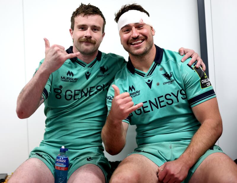 Connacht's Mack Hansen and Shayne Bolton after the game. Photograph: James Crombie/Inpho