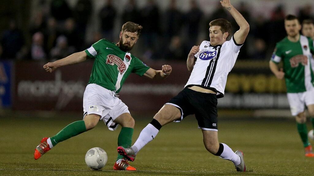Dundalk’s Patrick McEleney stretches to block Greg Bolger of Cork City during the SSE Airtricity League Premier Division match at Oriel Park. Photograph: Donall Farmer/Inpho