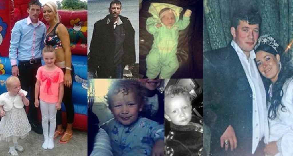 Far left: Willie Lynch (25), his partner Tara Gilbert (27) who was pregnant, and their daughters, Jodie (9) and Kelsey (4). Centre top left: Willie’s brother Jimmy Lynch (39). Centre bottom left: Christy Connors (2). Centre top right: Mary Connors (six months). Centre bottom right: Jim Connors (5). Far right: Thomas (28) and Sylvia Connors (30).