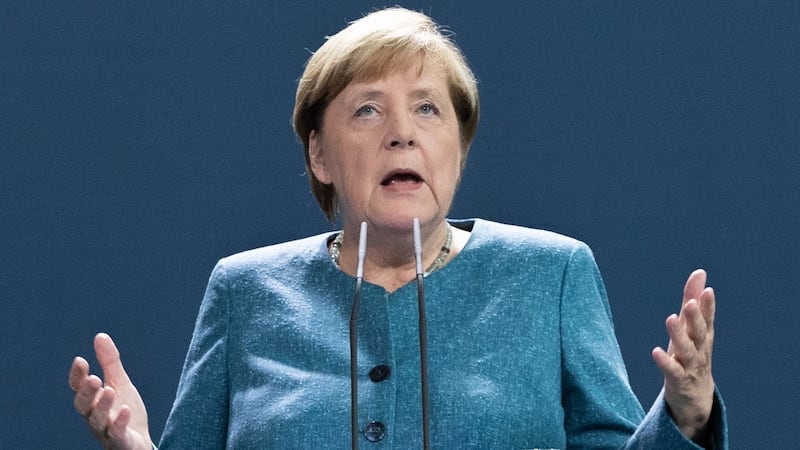 German chancellor Angela Merkel delivers a statement on the Alexei Navalny case in Berlin. Photograph: Hayoung Jeon, Pool/Getty