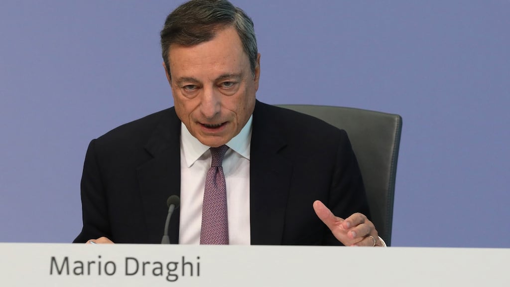 Mario Draghi, president of the European Central Bank (ECB), speaks during a news conference at ECB headquarters in Frankfurt, Germany. Photograph: Alex Kraus/Bloomberg