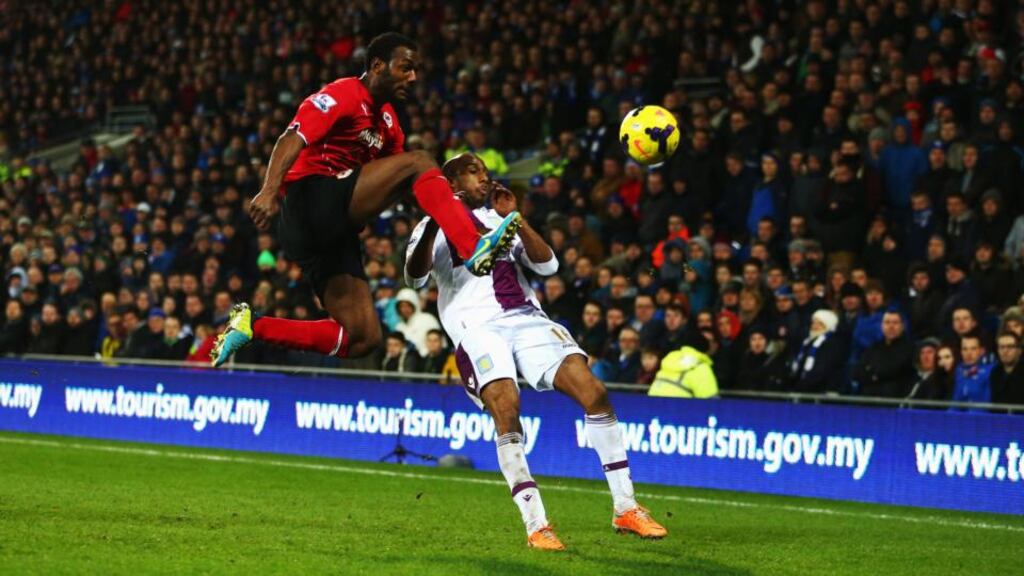 Fabian Delph (right) of Aston Villa is challenged by Kévin Théophile-Catherine (left) of Cardiff City. Photograph: Michael Steele/Getty Images
