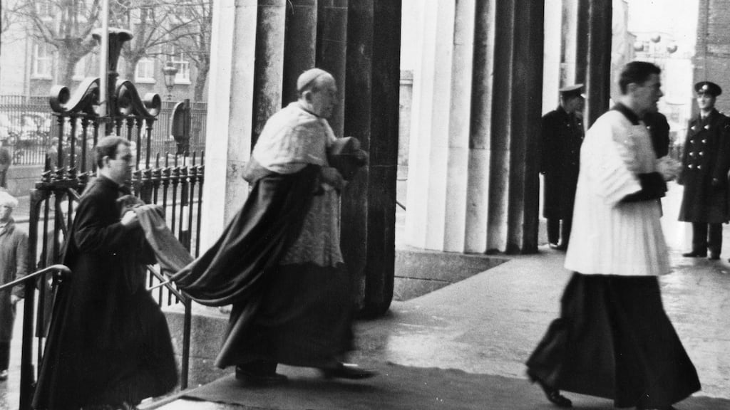 Archbishop of Dublin John Charles McQuaid arriving at the Pro Cathedral for the funeral of president Sean T O’Kelly in 1966. Photograph: Tommy Collins