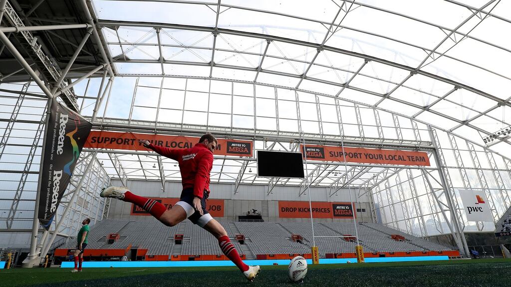 Dan Biggar practices his kicking during the Lions captain’s run at the Forsyth Barr Stadium, Dunedin ahead of their clash with the Highlanders. Photo: Billy Stickland/Inpho