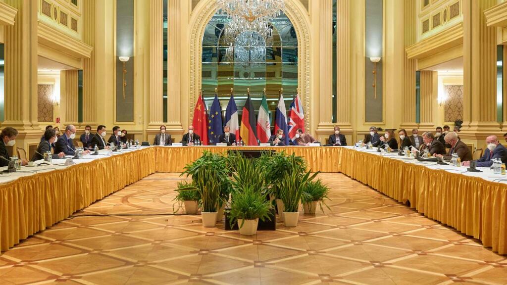 Delegation members from the parties to the Iran nuclear deal – Germany, France, Britain, China, Russia and Iran – attending a meeting at the Grand Hotel of Vienna as they try to restore the deal. Photograph:  AFP via Getty Images