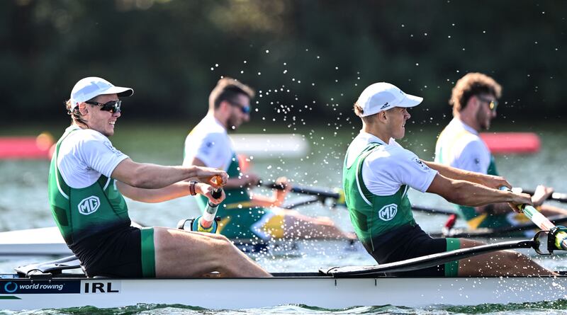 Ross Corrigan and Nathan Timoney finished third at the World Championships in Belgrade and qualified the boat for Paris. Photograph: Detley Seyb/Inpho