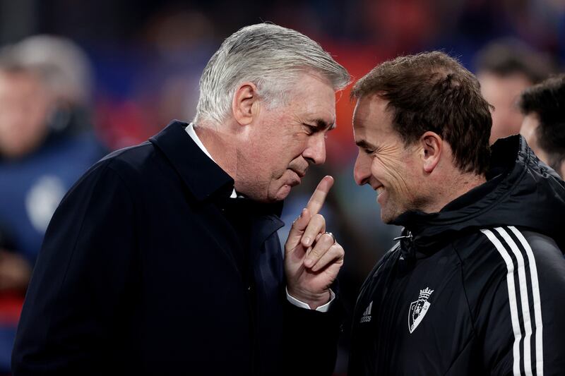 Carlo Ancelotti, probably not debating philosophy with Osasuna manager Jagoba Arrasate during Real Madrid's 2-0 away win in La Liga on Saturday. Photograph: David S. Bustamante/Soccrates/Getty Images