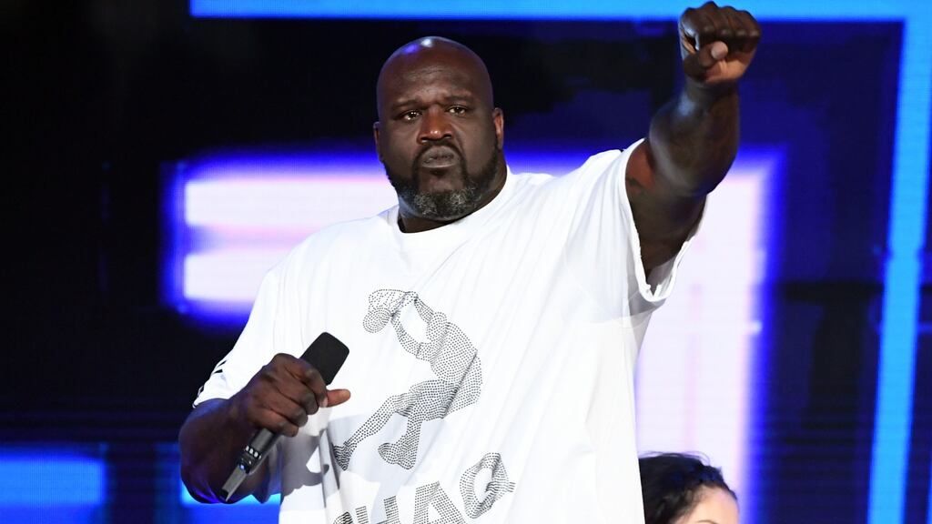 Shaquille O’Neal speaks  during the 2019 NBA awards  in Santa Monica, California. Photograph: Kevin Winter/Getty Images for Turner Sports