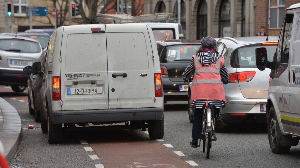 Cars blocking the cycle lane on a Dublin street. Photograph: Alan Betson