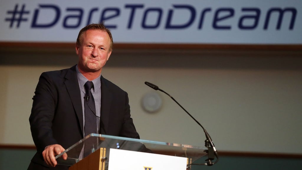 Manager Michael O’Neill speaking during the Northern Ireland squad announcement at the Titanic Museum, Belfast. Photograph: Niall Carson/PA