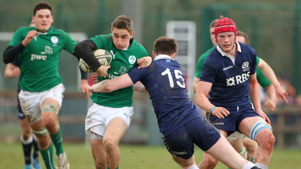 Under 18 Schools International, Coolmine RFC, Co Dublin: Ireland’s Jack Power is tackled by Scotland’s Ruairi Howarth. Photograph: Kieran Murray/Inpho