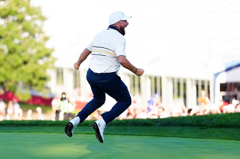 Shane Lowry celebrates a putt on the 18th green to retain the Ryder Cup for Team Europe. Photograph: David Davies/PA
