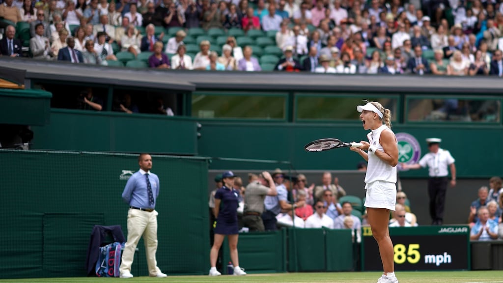 Angelique Kerber celebrates her win against Daria Kasatkina on day eight of the Wimbledon Championships at the All England Lawn Tennis and Croquet Club, Wimbledon. Photo: John Walton/PA Wire