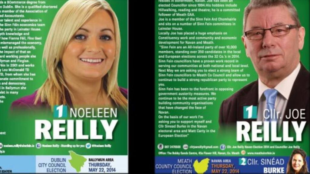 Leaflets for Sinn Féin candidates Noleen Reilly and Joe Reilly showing the incorrect date for the the local elections.