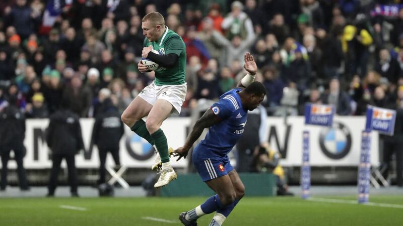 Keith Earls claims Sexton’s cross kick in the closing stages. Photograph: Getty Images