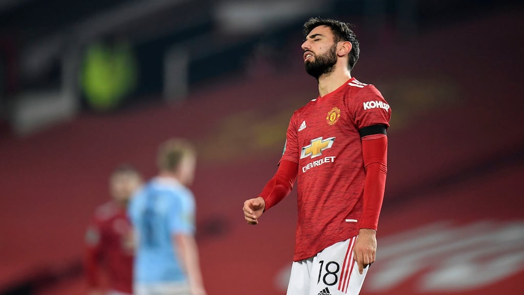 Bruno Fernandes looks frustrated during Manchester United’s defeat to City. Photograph: Peter Powell/PA