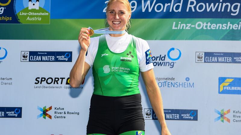 Sanita Puspure after winning her golf medal at the World Rowing Championships in Austria back in September. Photograph: Detlev Seyb/Inpho