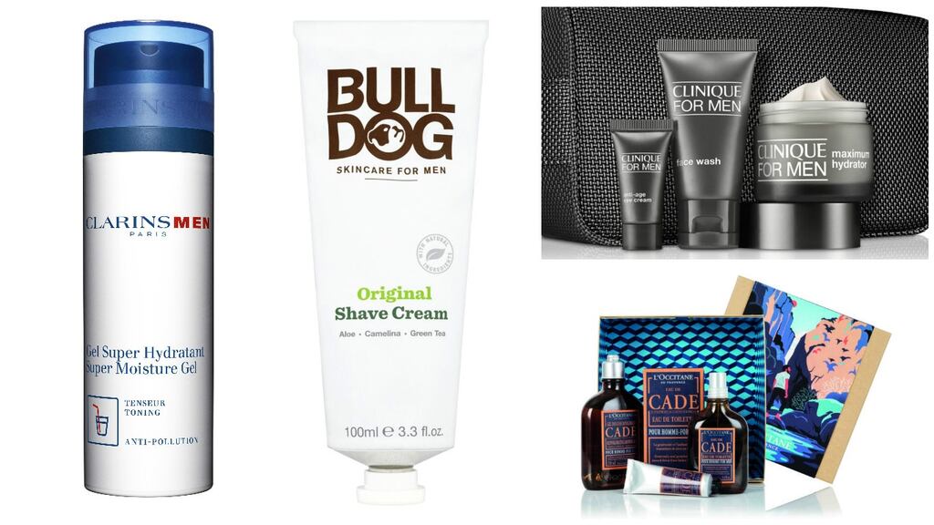 Clarins Men Super Moisture Gel (€38); Bulldog Original Shave Cream (€4.99); Clinique for Men Great Skin for Him Gift Bag (€40); L’Occitane Cade Gift Collection (€62, right)