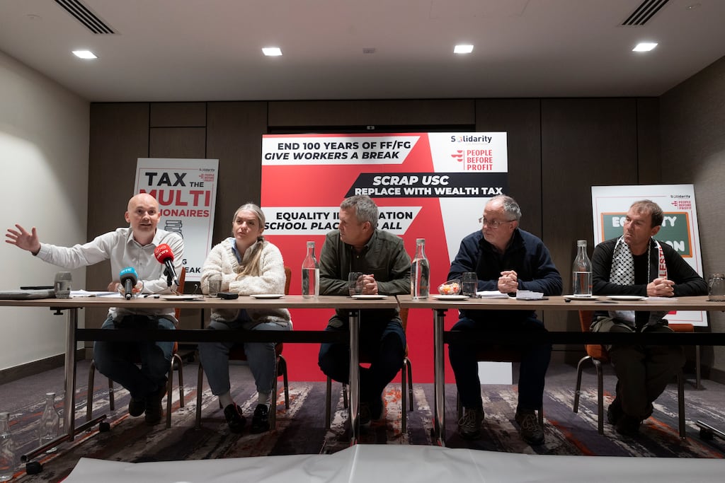 Paul Murphy TD, Cllr Hazel Norton, Richard Boyd Barrett, Mick Barry TD and Gino Kenny TD at the People Before Profit-Solidarity think-in in the Clayton Hotel Dublin. Photograph: Sam Boal/Collins