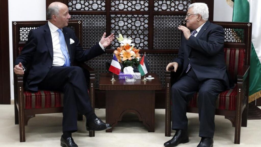 rench foreign minister Laurent Fabius held a meeting on the proposal with Palestinian president Mahmoud Abbas in Ramallah, the West Bank, on Sunday. Photograph: Thomas Coex/EPA