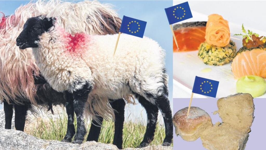 Among the few Irish foodstuffs to have EU protection are, clockwise from left, Connemara Hill Lamb, Clare Island Salmon and the Waterford blaa