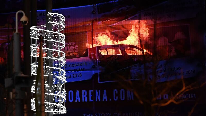 Cars burn during a blaze at a multistorey car park near the Echo Arena in Liverpool. Photograph: Paul Ellis/AFP/Getty Images