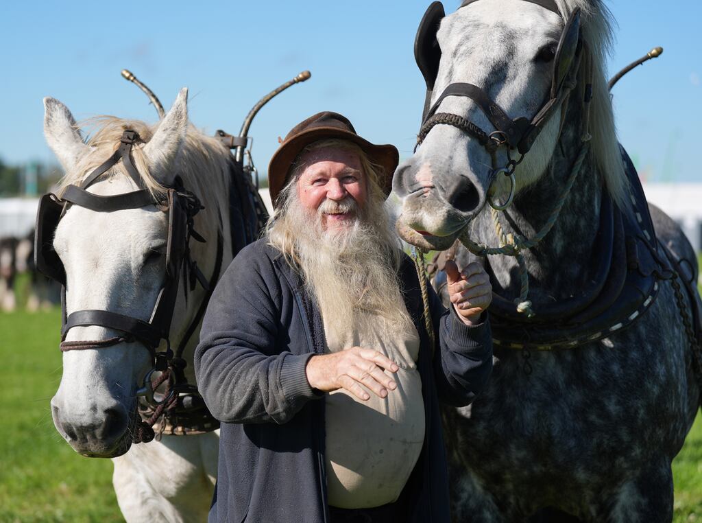 Jerry Dennihan from Tralee, aka Jerry from Kerry, with horses Larry and Elton John at the National Ploughing Championships on Tuesday. Photograph: Niall Carson/PA Wire