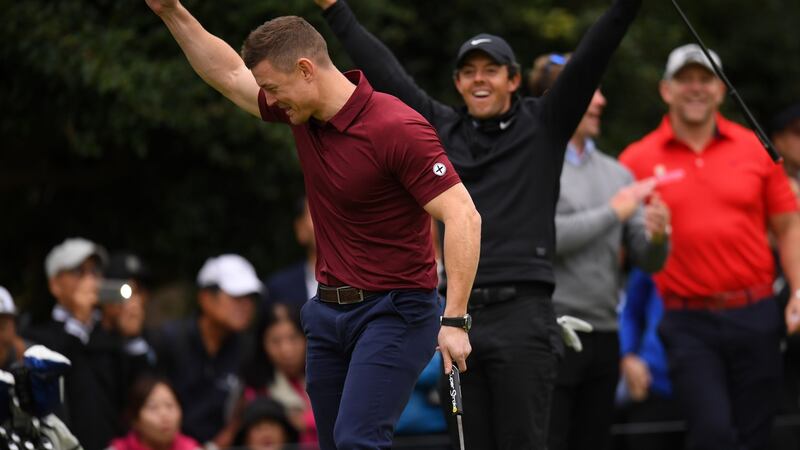 Brian O’Driscoll celebrates after sinking a putt in the Japan Skins. Photograph: Atsushi Tomura/Getty