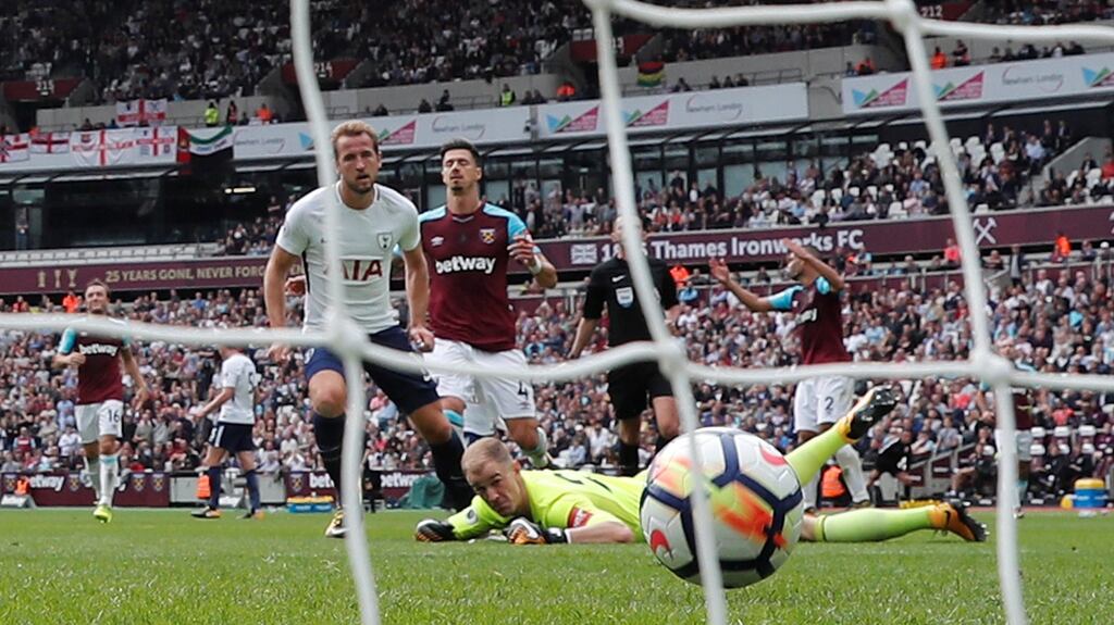 Harry Kane scores Tottenham Hotspur’s second goal against West Ham United at the London Stadium. Photograph: Eddie Keogh/Reuters