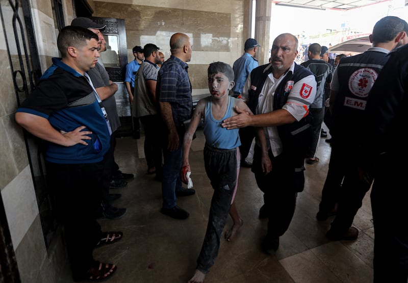 A boy wounded by an Israeli airstrike is brought into Nasser Hospital in Khan Younis, in the southern Gaza Strip, on Monday. Photograph: Yousef Masoud/New York Times