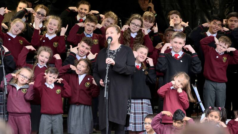 The choir from the Holy Family School for the Deaf at The National Museum of Ireland, Decorative Arts & History, Collins Barracks in celebration of the people of the Tolka Valley. Photograph: Mark Stedman