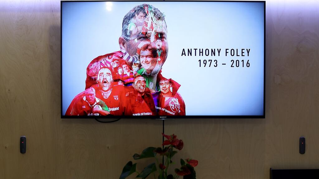 A display for Anthony Foley is mounted as a book of condolence was opened for the late Anthony Foley at the IRFU offices in Dublin today. Photograph: Dan Sheridan/Inpho