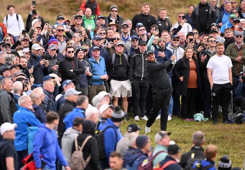 Shane Lowry plays his second shot on the ninth hole during the second round of the Amgen Irish Open at Royal County Down. Photograph: Ross Kinnaird/Getty Images
