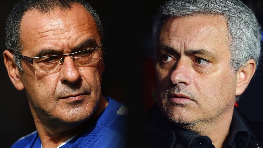 Maurizio Sarri, manager of Chelsea; and Jose Mourinho, manager of Manchester United. Photograph: Aitor Alcalde/Getty Images