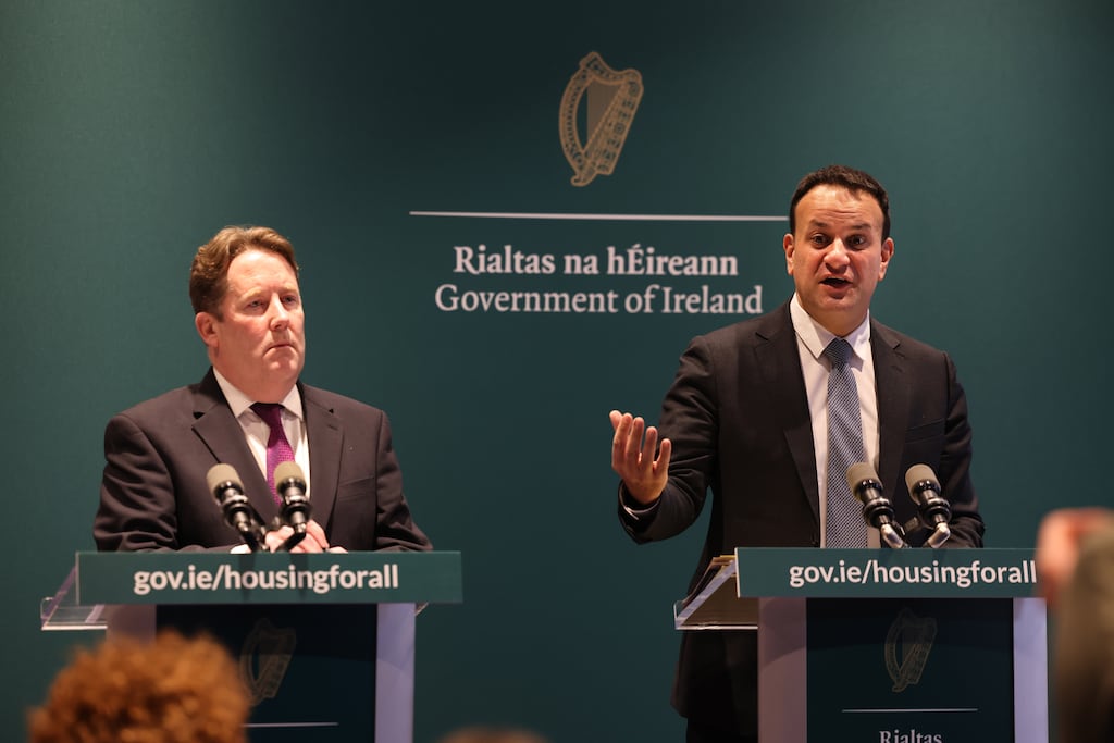 Taoiseach Leo Varadkar and Minister for Housing Darragh O’Brien speaking at Government Buildings. Photograph: Dara Mac Dónaill