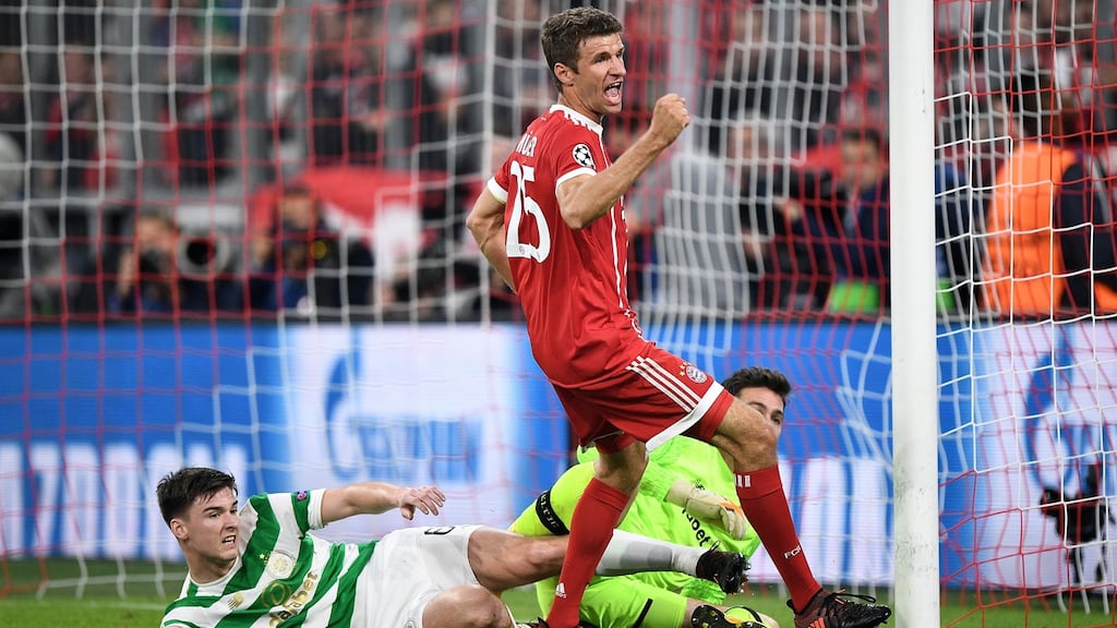 Bayern Munich’s Thomas Mueller celebrates scoring against Celtic in their Champions League clash. Photo: Christian Bruna/EPA