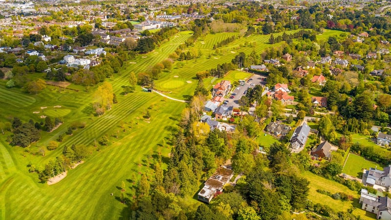 Aerial view looking east, with house in foreground and Foxrock Golf Club to the left.