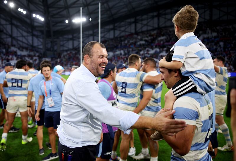 Michael Cheika, Argentina's head coach, celebrates with Matias Moroni following the quarter-final victory over Wales at Stade Velodrome in Marseille, France. Photograph: Adam Pretty/World Rugby/World Rugby via Getty Images