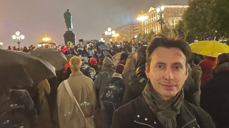 Liberal Yabloko party member Sergei Filipov at an opposition protest on Pushkin Square in central Moscow on Monday night. Photograph: Daniel McLaughlin