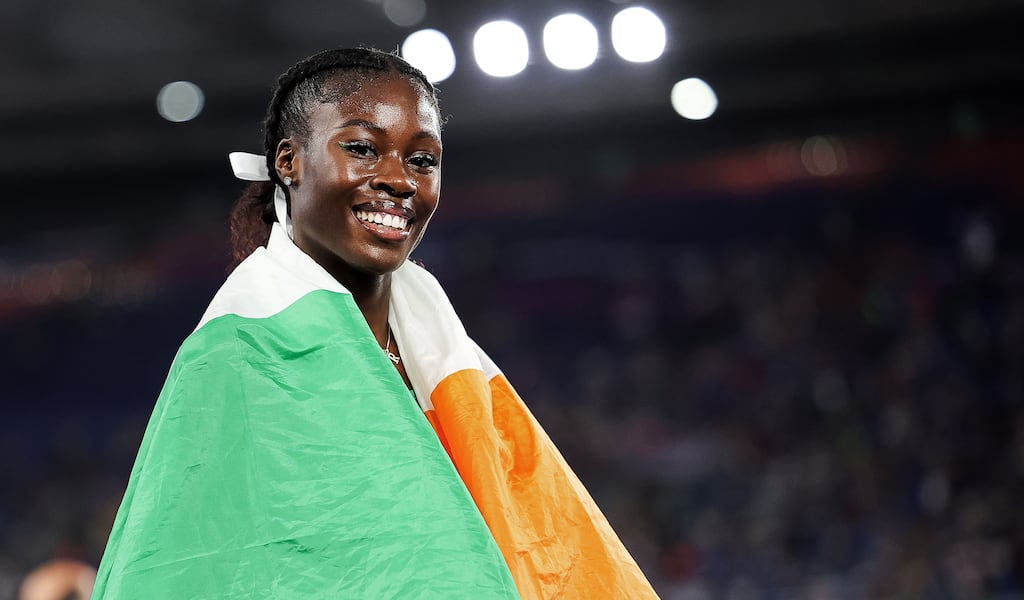 Ireland’s Rhasidat Adeleke celebrates winning a silver medal in the Women’s 400m final at the European Athletics Championships in Rome. Photograph: Morgan Treacy/Inpho