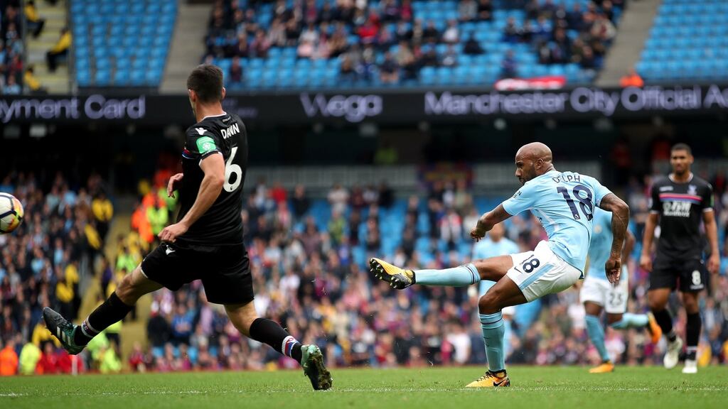 Manchester City’s Fabian Delph scores his side’s fifth goal. Photograph: Nick Potts/PA Wire.