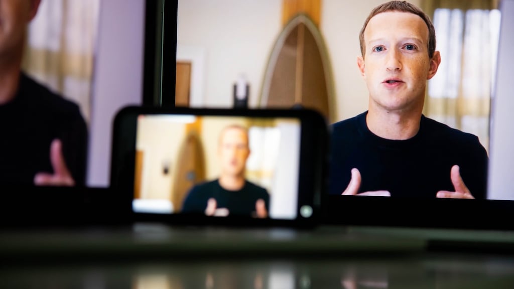 Facebook chief executive Mark Zuckerberg at the virtual Facebook Connect event at which the company announced its rebranding as Meta. Photograph: Michael Nagle/Bloomberg