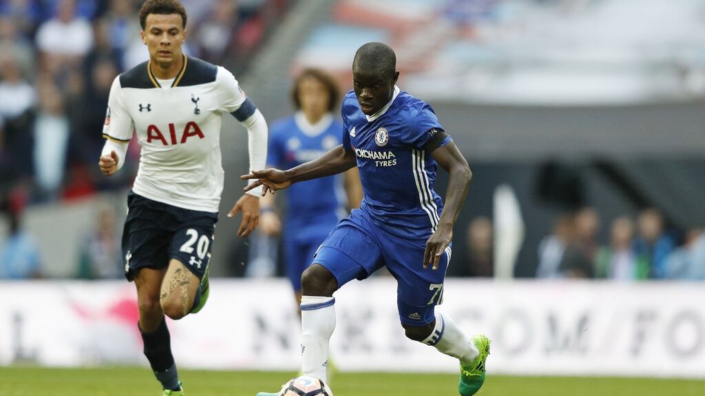 Chelsea’s  N’Golo Kante and Tottenham Hotspur’s Dele Alli during last Saturday’s FA Cup semi-final  at Wembley – Kante won the PFA player of the year award while Alli won the young player of the year award.  Photograph: Adrian Dennis/AFP/Getty Images