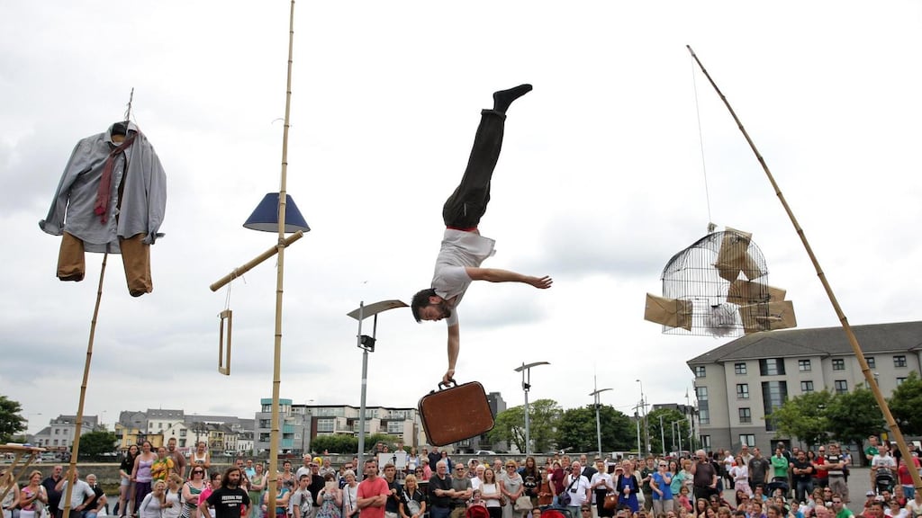 Catalan rampoline master Max Calaf Seve performing at the Spanish Parade for the Galway Arts Festival. Photograph: Joe O’Shaughnessy