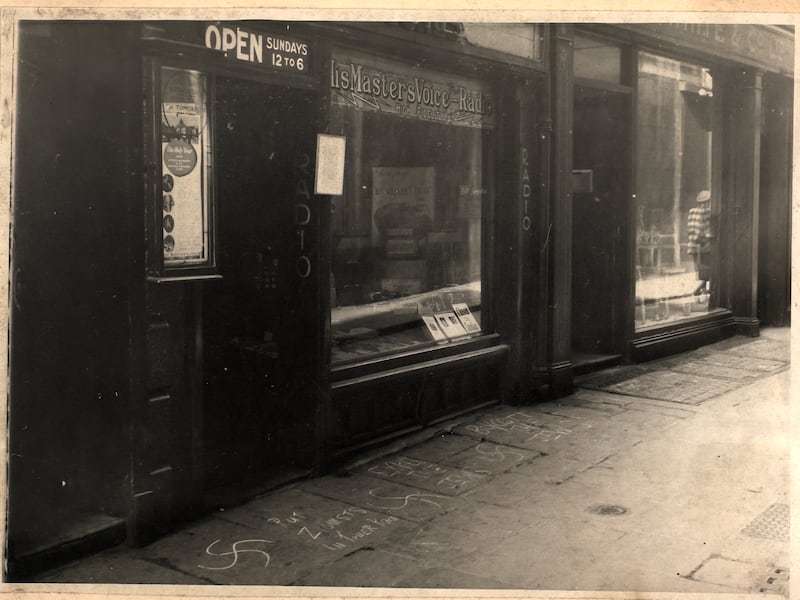 Anti-Semitic graffiti at the Gramophone Stores in Johnson's Court in Dublin around 1940. Photograph: Courtesy of the Moiselle family
