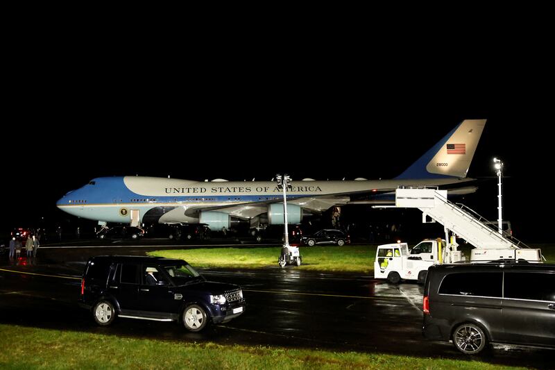 Air Force One, with US President Joe Biden on board, arriving at RAF Aldergrove on the evening of Tuesday, April 11th. Photograph: Clodagh Kilcoyne/WPA Pool/Getty Images