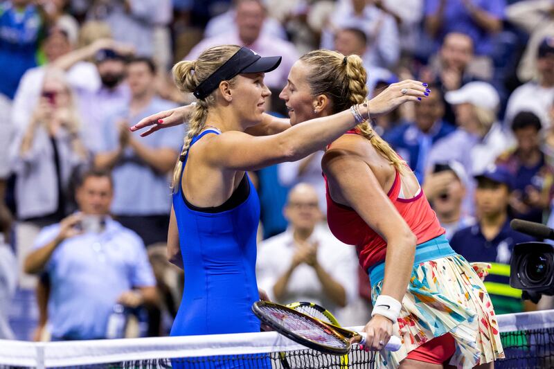 Denmark's Caroline Wozniacki (left) with the Czech Republic's Petra Kvitova after Wozniacki's victory during the US Open. Photograph: Corey Sipkin/AFP via Getty Images