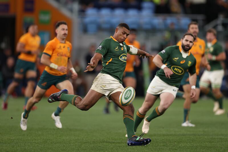 Damian Willemse of the Springboks kicks ahead during The Rugby Championship match between the Australia Wallabies and South Africa Springboks. Photograph: Mark Kolbe/Getty
